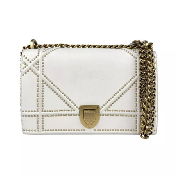 Auth Christian Dior Diorama Chain Shoulder Bag Off White/Gold Leather